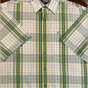 Southpole Casual Button Up Shirt Mens Medium Green Blue Plaid Cotton Hexagon